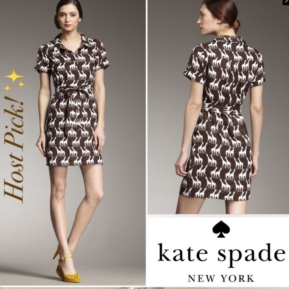 kate spade Brown and White Giraffe-Print Short-Sleeve Midi Dress